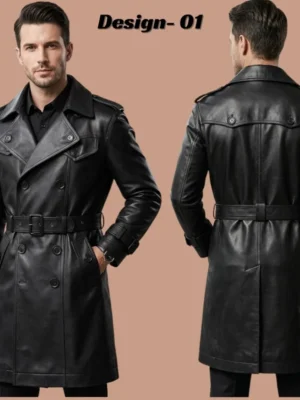 Mens black Leather Trench Coat