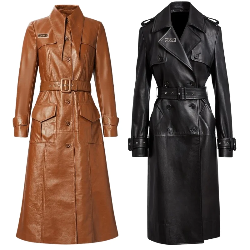 womens leather trench coat with belt