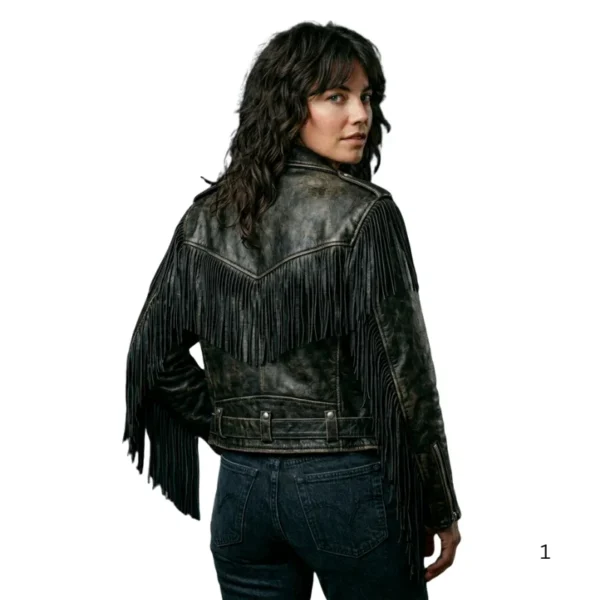 1980s Women Fringe Leather Jacket back view image