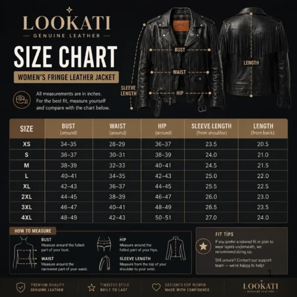 1980s Women Fringe Leather Jacket size chart image