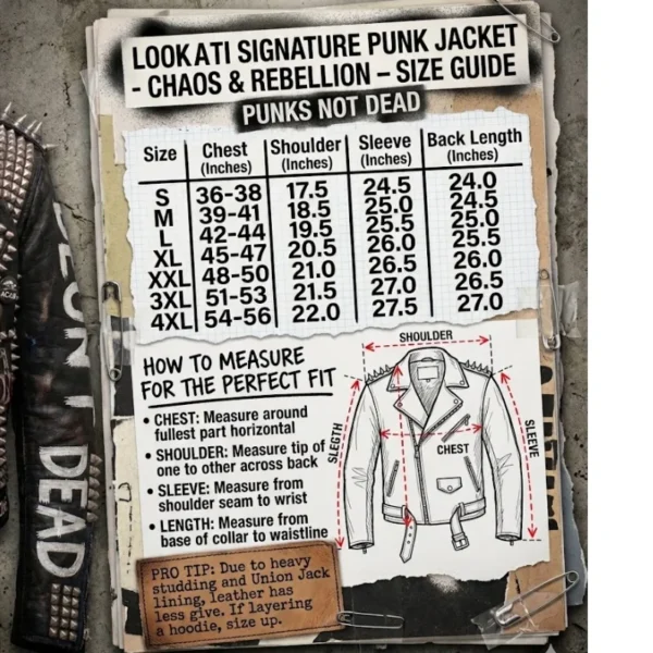 Lookati Signature Punk Leather Jacket. Size Chart