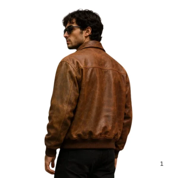 full grain cow leather bomber jacket men vintage back view image