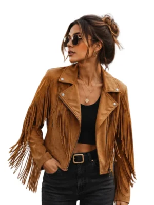 Women’s Cowhide Fringe Moto Jacket front view image