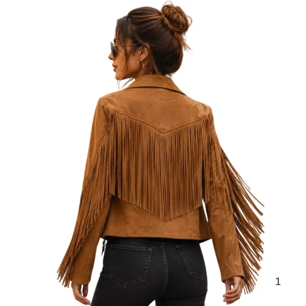 Women’s Cowhide Fringe Moto Jacket back view image