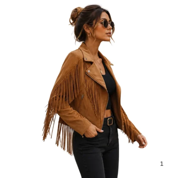 Women’s Cowhide Fringe Moto Jacket right side view image