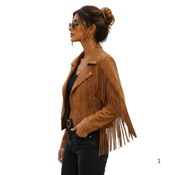 Women’s Cowhide Fringe Moto Jacket left side view image