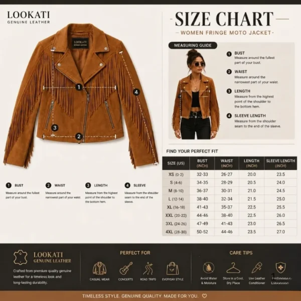 Women’s Cowhide Fringe Moto Jacket size chart image
