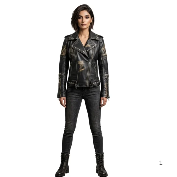 Gothic Style Women Leather Jacket front view image
