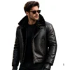 Men’s black faux fur lined leather aviator winter jacket by Lookati front view image