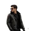 Men’s black faux fur lined leather aviator winter jacket by Lookati right side view image