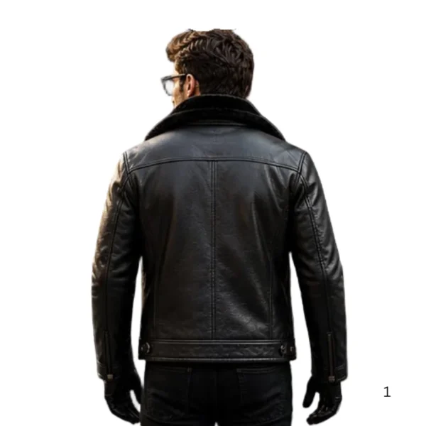 Men’s black faux fur lined leather aviator winter jacket by Lookati back side view image