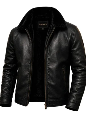 Men’s black faux fur lined leather aviator winter jacket by Lookati