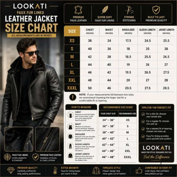 Men’s black faux fur lined leather aviator winter jacket by Lookati size chart image