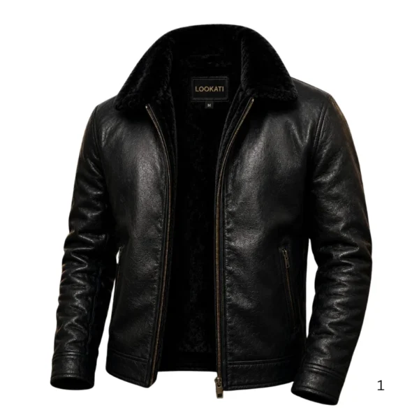 Men’s black faux fur lined leather aviator winter jacket by Lookati