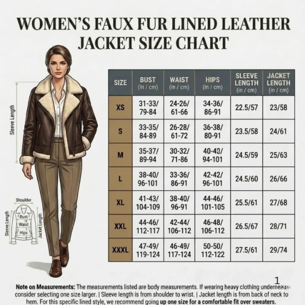 Lookati women faux fur aviator leather jacket size chart image