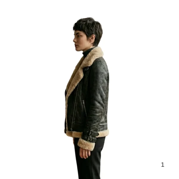 Lookati women faux fur aviator leather jacket left side view image