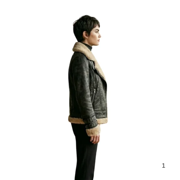 Lookati women faux fur aviator leather jacket right side view image