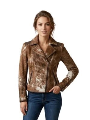 Women’s Hair On Cowhide Biker Jacket front view image