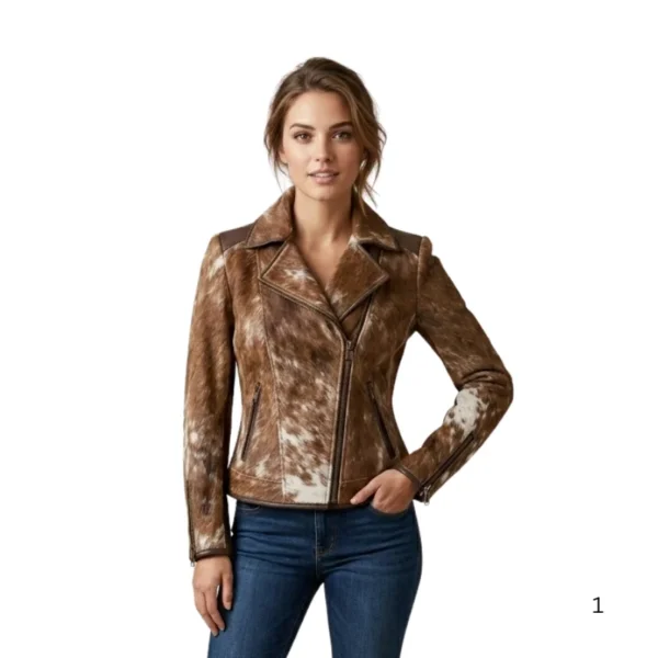 Women’s Hair On Cowhide Biker Jacket front view image