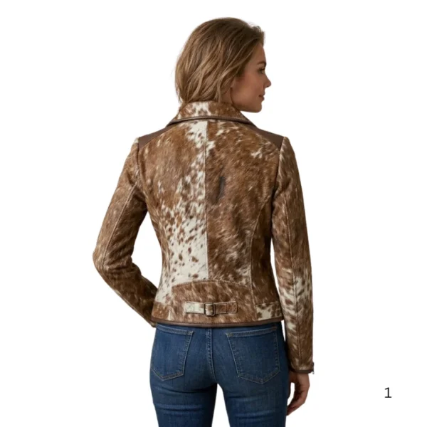 Women’s Hair On Cowhide Biker Jacket back view image