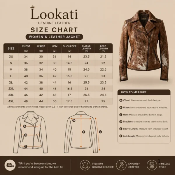 Women’s Hair On Cowhide Biker Jacket size chart image