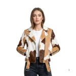 Women's Tricolour Cowhide Leather Jacket front view image