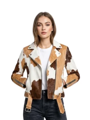 Women's Tricolour Cowhide Leather Jacket front view image