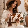 Hair on leather cowhide clutch purse