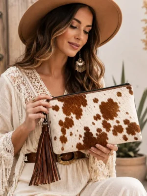 Hair on leather cowhide clutch purse