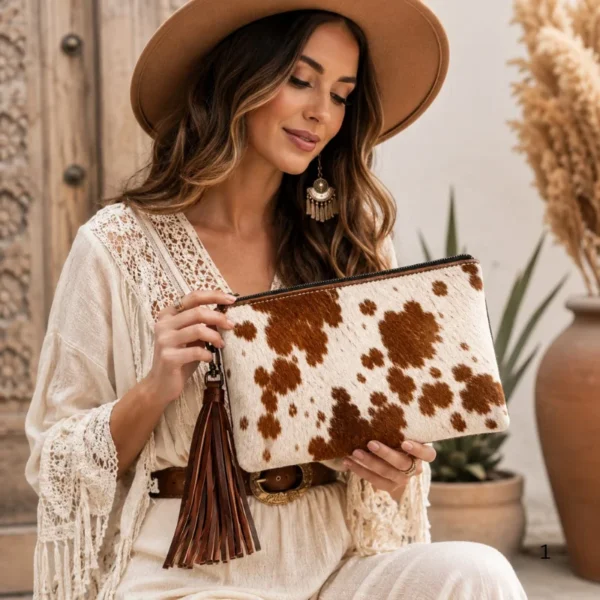 Hair on leather cowhide clutch purse
