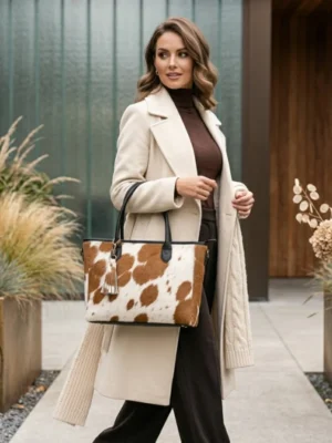 Front view image Tan colour Premium Hair On Leather Tote Handbag