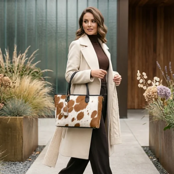 Front view image Tan colour Premium Hair On Leather Tote Handbag