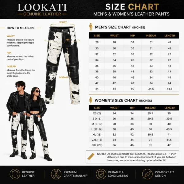 Size Chart Premium cowhide leather pants for bikers