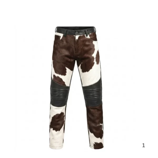 Brown and white cowhide biker leather pants