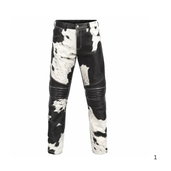 Black white cowhide biker leather pants