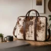 Full grain cowhide leather laptop bag in brown and white colour