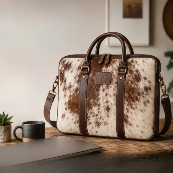 Full grain cowhide leather laptop bag in brown and white colour
