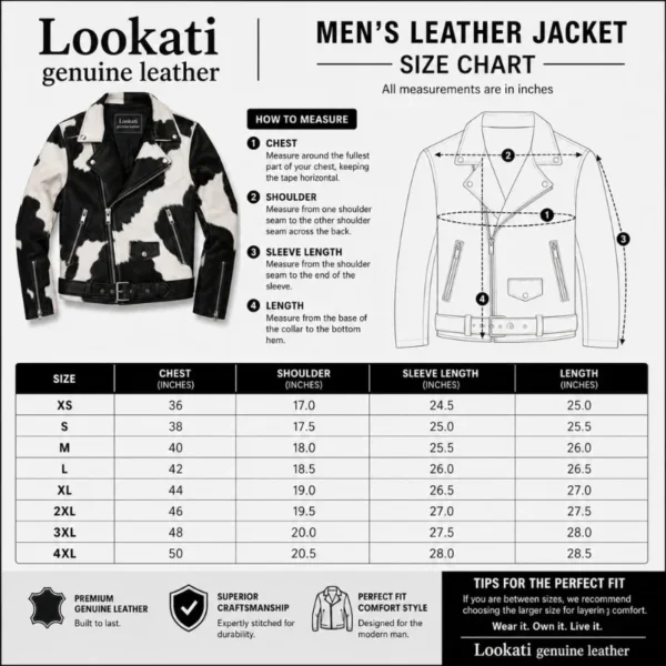 Men's Hair On Cowhide Leather Jacket size chart image
