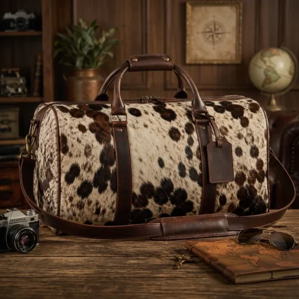 Vintage hair on leather duffle bag