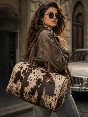 Hair on cowhide travel duffle bag