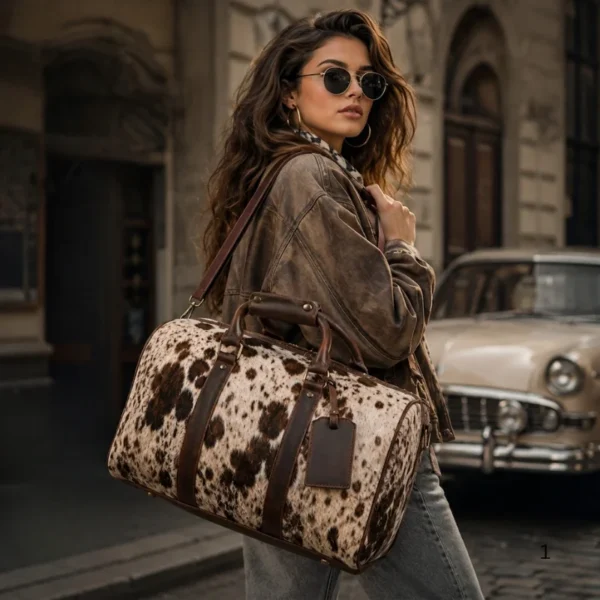 Hair on cowhide travel duffle bag