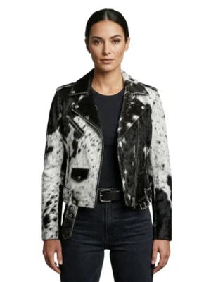 Women’s cowhide biker leather jacket front view image
