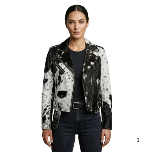 Women’s cowhide biker leather jacket front view image