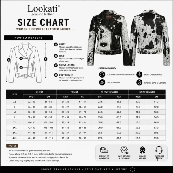 Women’s cowhide biker leather jacket size chart image
