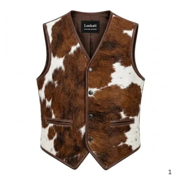 Brown white cowhide men's leather vest