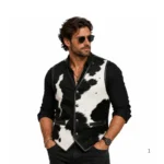Black white cowhide leather vest front view image