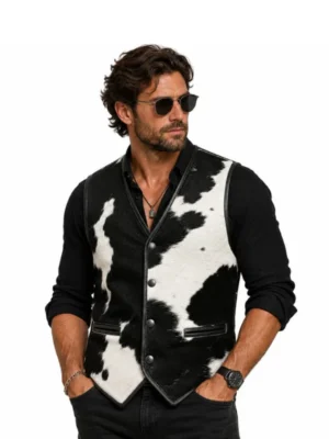 Black white cowhide leather vest front view image