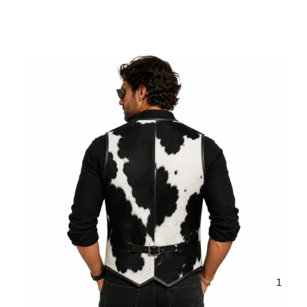 Black white cowhide leather vest back view image