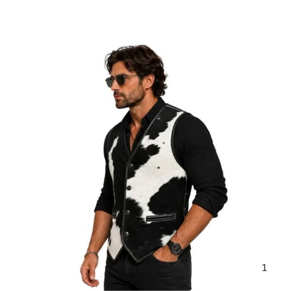 Black white cowhide leather vest left side view image