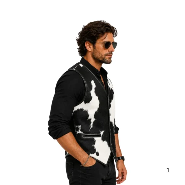 Black white cowhide leather vest right side view image